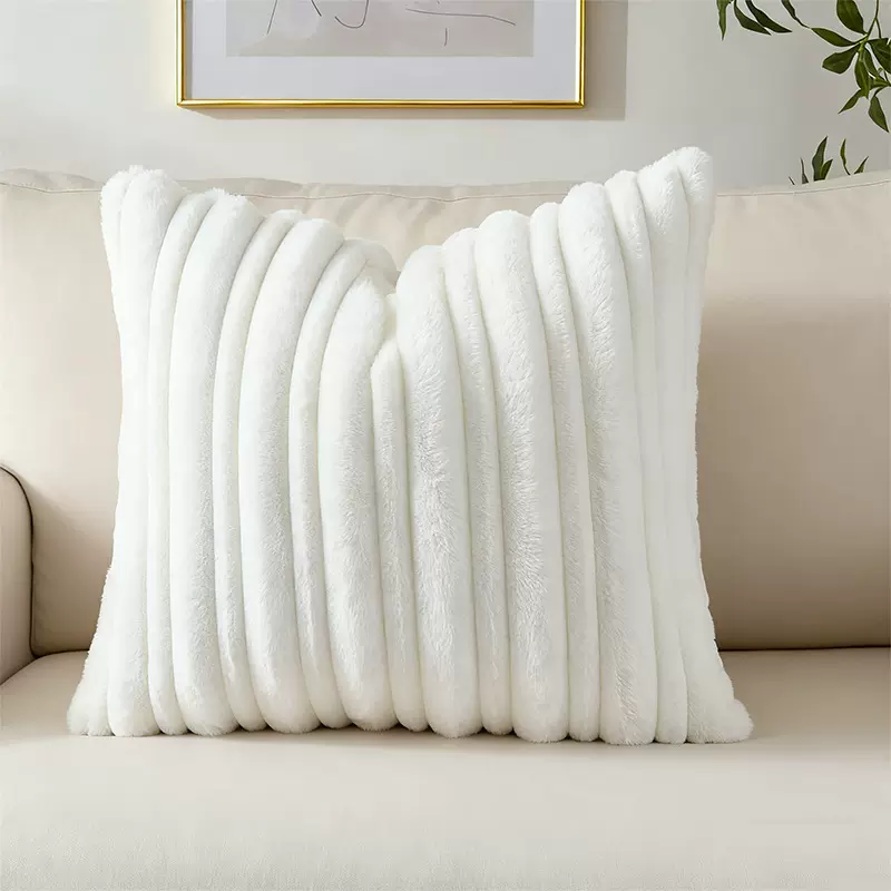 简约百搭可爱兔绒子母条纹抱枕套沙发柔软毛绒抱枕厚实卧室靠枕
