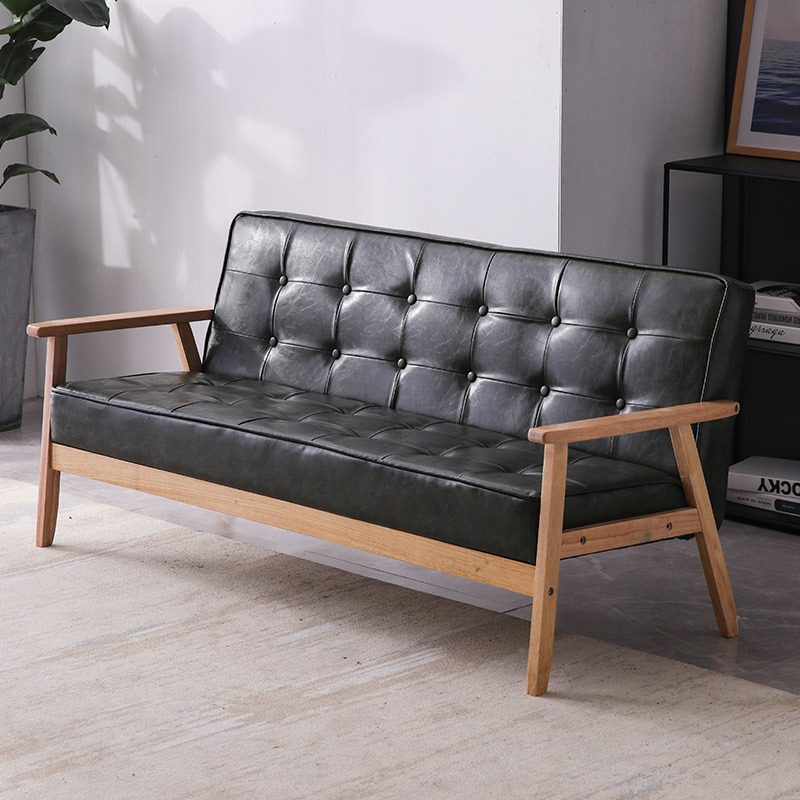 Madera sólida nórdica moderna y simple sofá de cuero para tres personas sala de estar sofá doble tipo pequeño