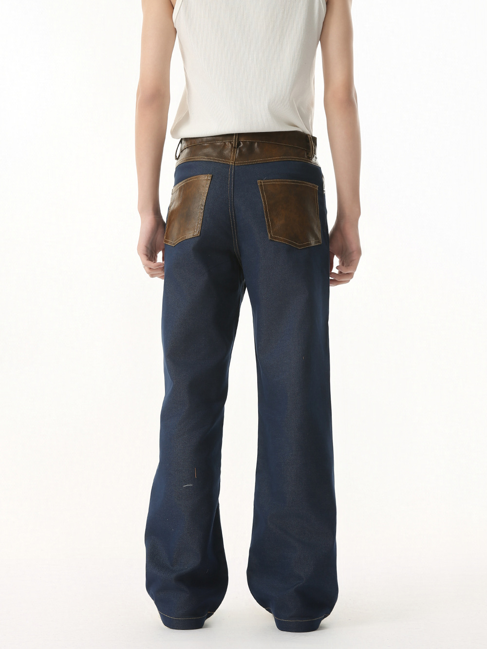 MTLCLOTHES Hombres| Nueva moda americana nicho color contrastante empalme PU cuero retro conjunto de camisa de trabajo