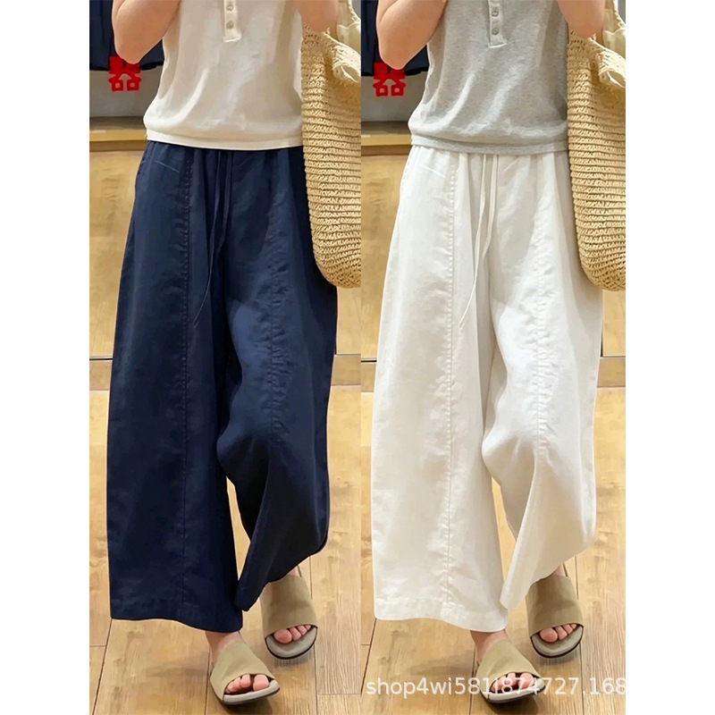 Japanese-Style Linen Cropped Pants for Women, Summer Thin High-Waisted Slimming Straight Pants, Loose Drape Cotton-Linen Wide-Leg Pants