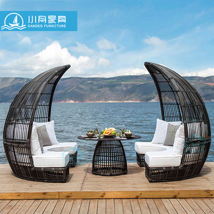 Outdoor Rattan Leisure Round Rattan Sofa Bird's Nest Rattan Bed Villa Open-Air Floor-Standing Rattan Chair Sofa Furniture