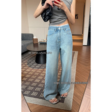 素心兰/YOUMO春装上新蕾丝边腰头拼接高腰阔腿休闲牛仔裤女37130
