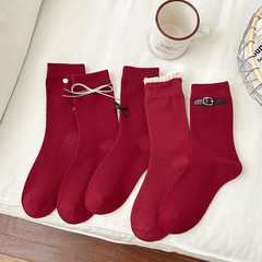 Autumn/Winter Popular Skeleton Angora Red Socks with Shell Design, Wine Red Mid-Calf Socks with Bowknot and Lace Patterns