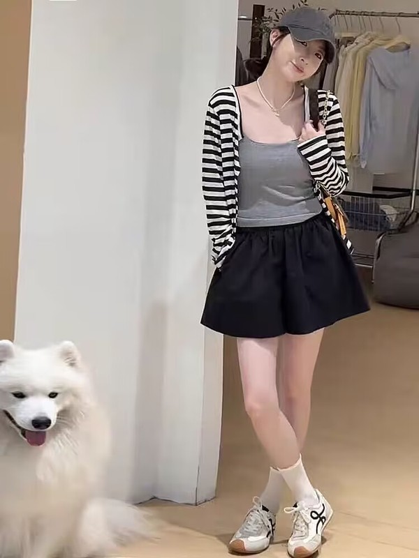 夏季韩系一整套绝美条纹长袖防晒开衫配吊带配显瘦阔腿短裤三件套|undefined