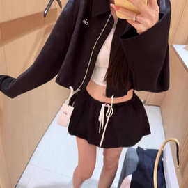 al0女士短款休闲运动夹克外套两件套时尚百搭短裙套装夏