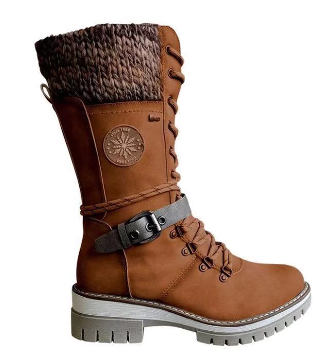 Damenschuhe Winter neue runde Kopf quadratische Ferse Lederschnalle Wollnähte Martin Stiefel_voghion.com