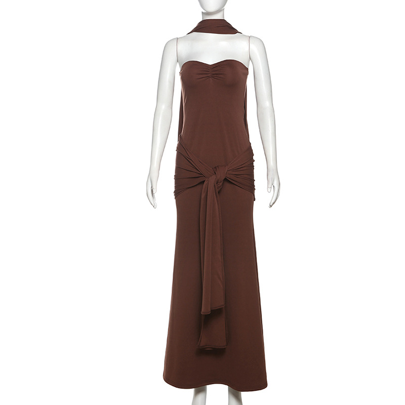 Spring Women Clothing Personality Scarf Collar Slim Fit Twist Lace up Tube Top Dress Women