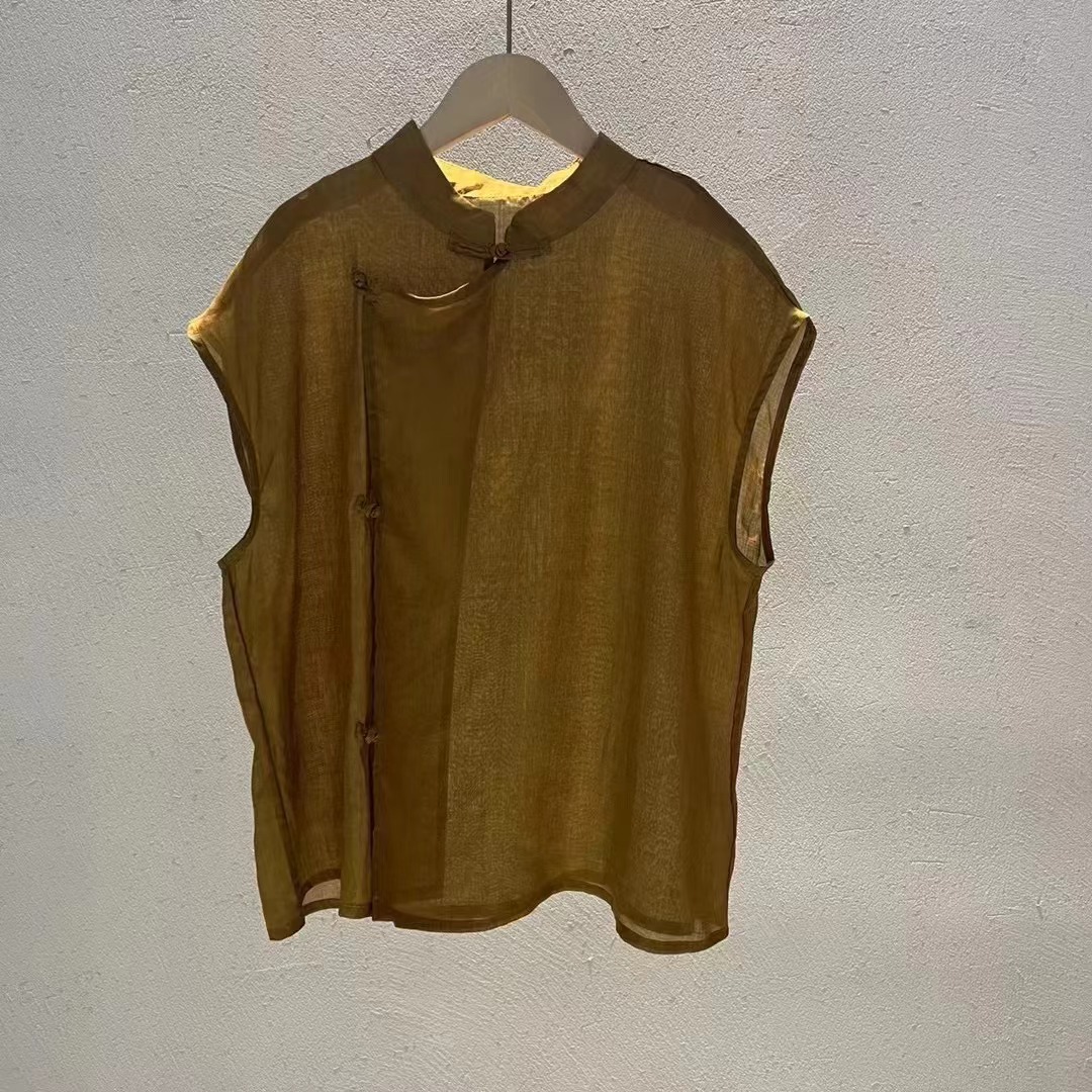 2024 Summer Literary Retro Style Ramie Stand Collar Diagonal Placket Button Solid Color Vest Women's Sleeveless Top 23530