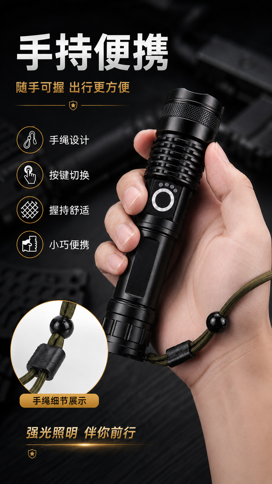 T8 flashlight with zoom, power display, USB charging, outdoor lighting, long-range, five lighting modes, aluminum body flashlight