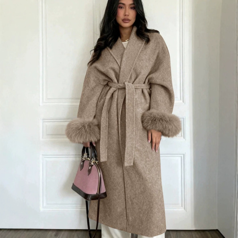 European and American Women's Fashion Autumn and Winter Wrap Coat with Faux Fur Cuffs, Tie Waist, Long Coat, in Stock