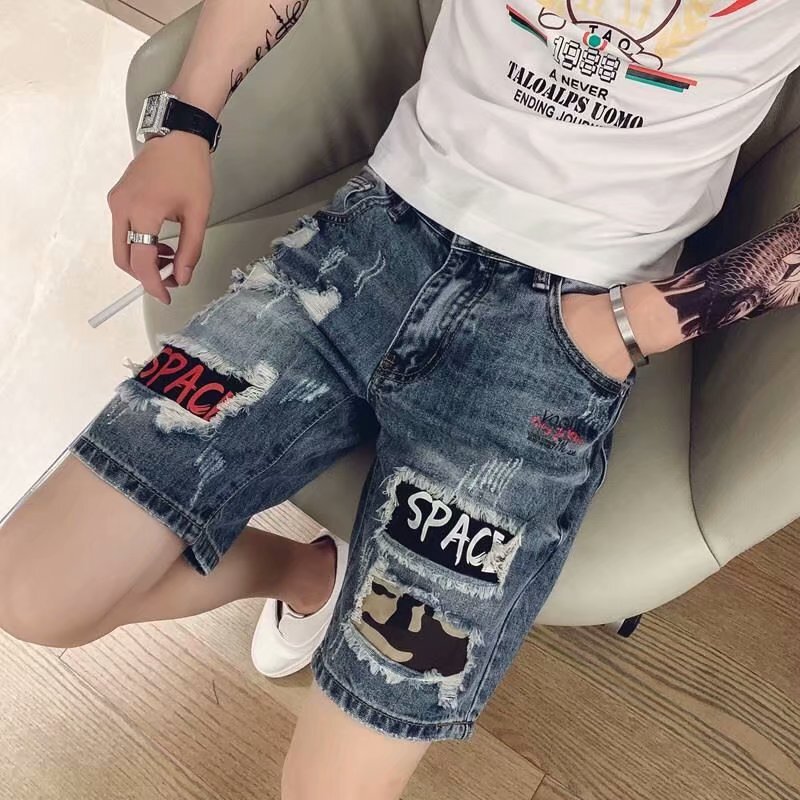 2022 New Summer Ripped Denim Shorts Men's Korean-style Fashion Brand Half-length Pants Scraped Personalized Beggar Pants