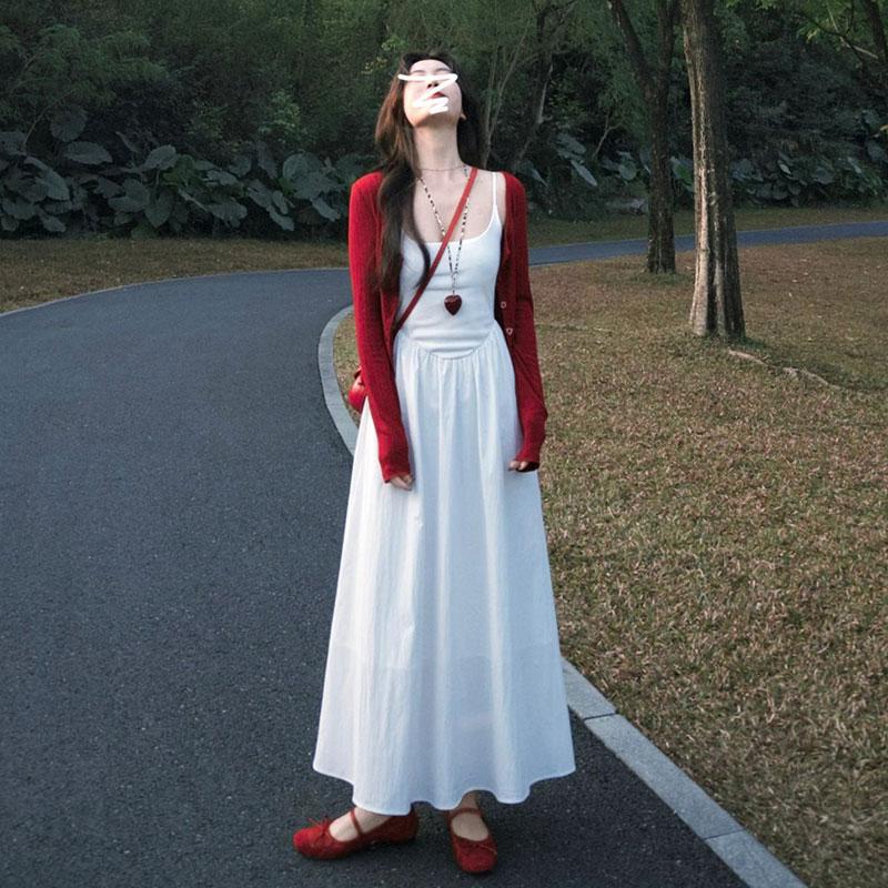 Red Knitted Sweater Cardigan for Women in Summer, Thin Style with Suspender Skirt and Shawl, Short Jacket Top for Small People