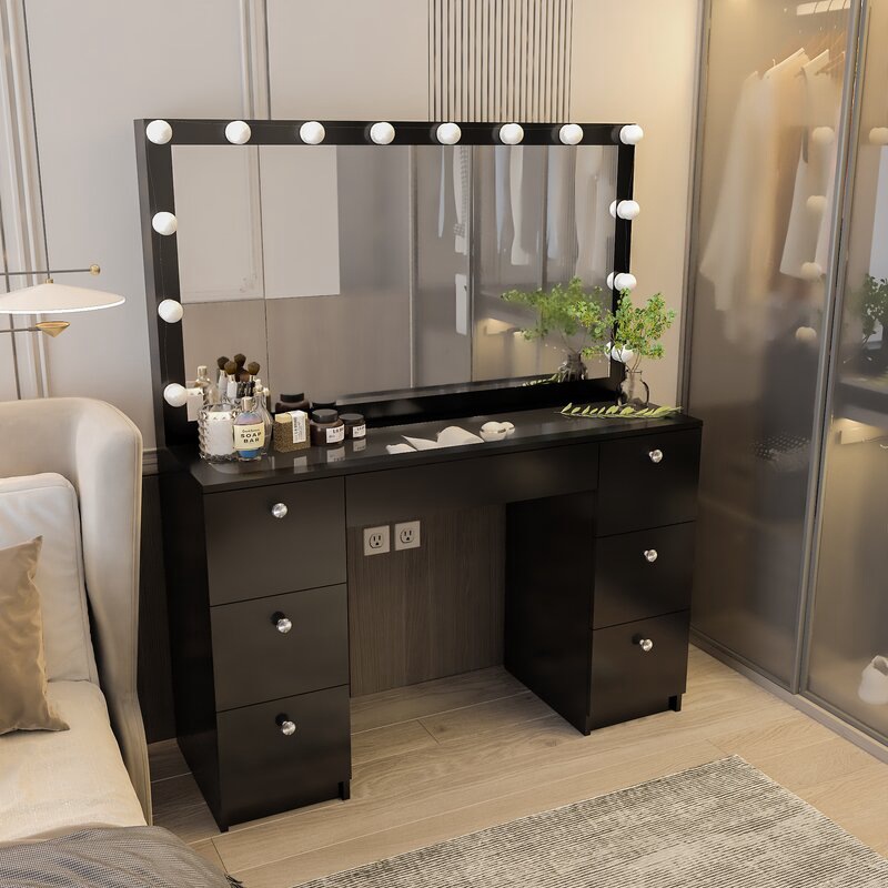 Tocador de lujo ligero, cómoda sencilla para dormitorio en apartamentos pequeños, mesa de maquillaje integrada con espejo y luz.