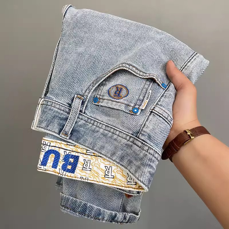 Autumn New European Style Light Luxury Light Gray Men's Slim Straight-Leg Jeans Trendy Stylish Versatile Casual Pants