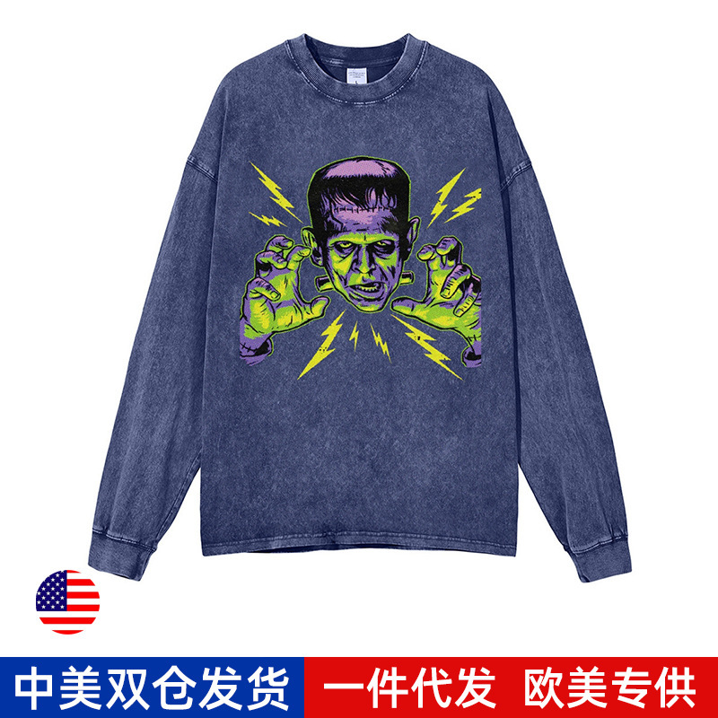 Independent Station Horror Monster Clown Print New Hot Selling Autumn Loose Daily Casual Long-Sleeved Washed Sweatshirt