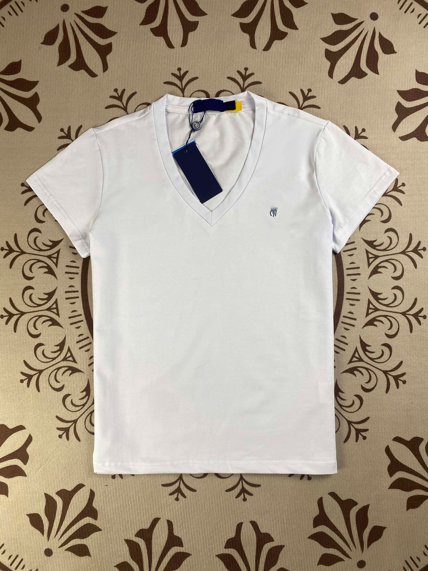 R1ラフ小馬標修身上着底シャツ刺繍夏純綿vネック純色半袖tシャツ女性アメリカ式