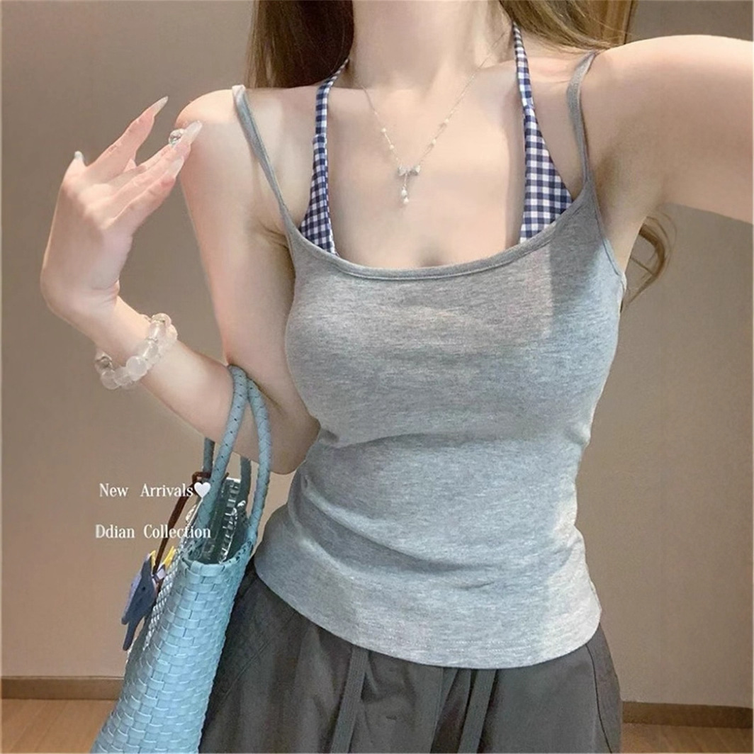 泰式独特海边吊带假两件带胸垫背心女夏装巨好看灰色挂脖无袖上衣