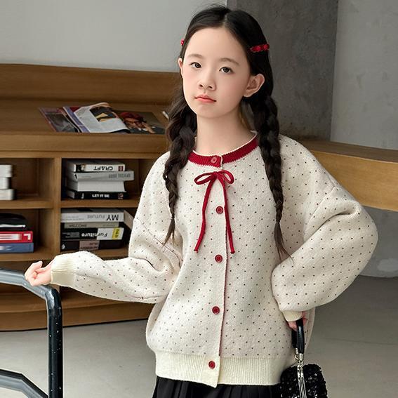 女童秋装毛衣开衫2025新款中大童公主风波点撞色针织外套外穿上衣|undefined