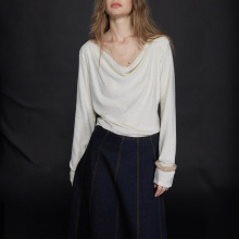 上海单农针织/桑蚕丝气质荡领长袖针织衫新款慵懒风穿搭羊毛上衣