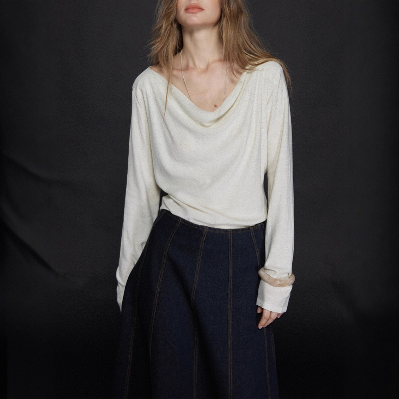 Shanghai Dan Nong Flagship Store/Silk-Like Drape Collar Long-Sleeve Knit Sweater, Lazy Style Wool Top