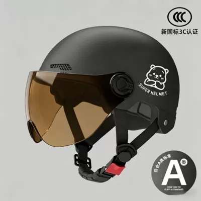 and women's battery car four seasons | Motosiklet kaskı (dəbilqə) - 02-black-brown-short-mirror-silver-white-bear