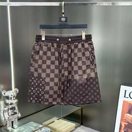 外贸跨境中转仓原标驴家棋盘格老花满LOGO沙滩裤网布 短裤男女