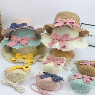 Новый летний ребенок шляпа соломенная шляпа японский бант сладкий милый затенение солнце крышка мешки установите