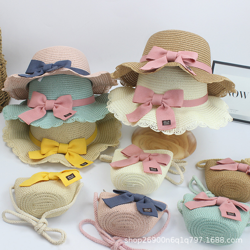 夏季新款儿童帽子草帽日系蝴蝶结甜美可爱遮阳太阳帽包包套装
