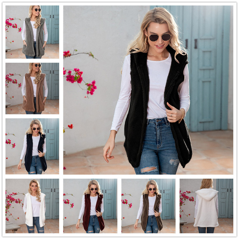 Amazon Ebay2025 Autumn and Winter New Hot Style Mid-Length European and American Pure Color Hooded Vest Plush Jacket for Women Amazon Ebay2025 Autumn and Winter New Hot Style Mid-Length European and American Pure Color Hooded Vest Plush Jacket for Women