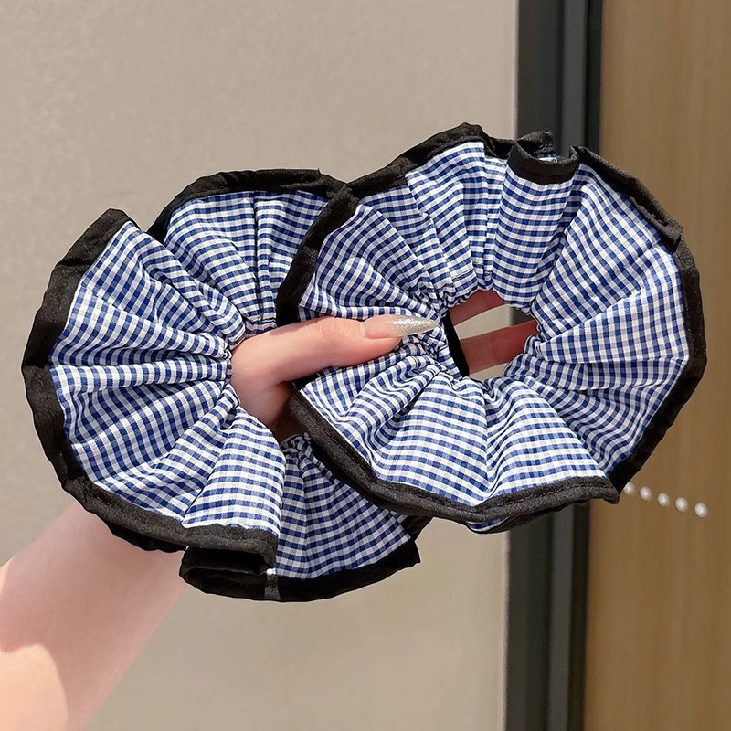 Tela de doble capa de lazo para el cabello de intestino grueso a cuadros azules, estilo coreano perezoso, lazo para el cabello retro, temperamento, tocado de goma
