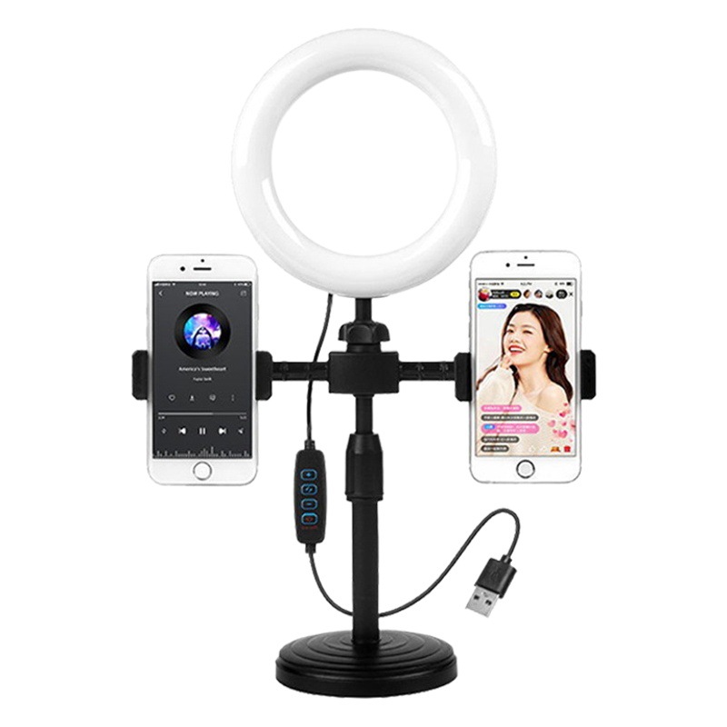 Fábrica al por mayor soporte de escritorio de 6 pulgadas de luz de relleno de teléfono móvil soporte en vivo de Doble posición traje Disco soporte telescópico