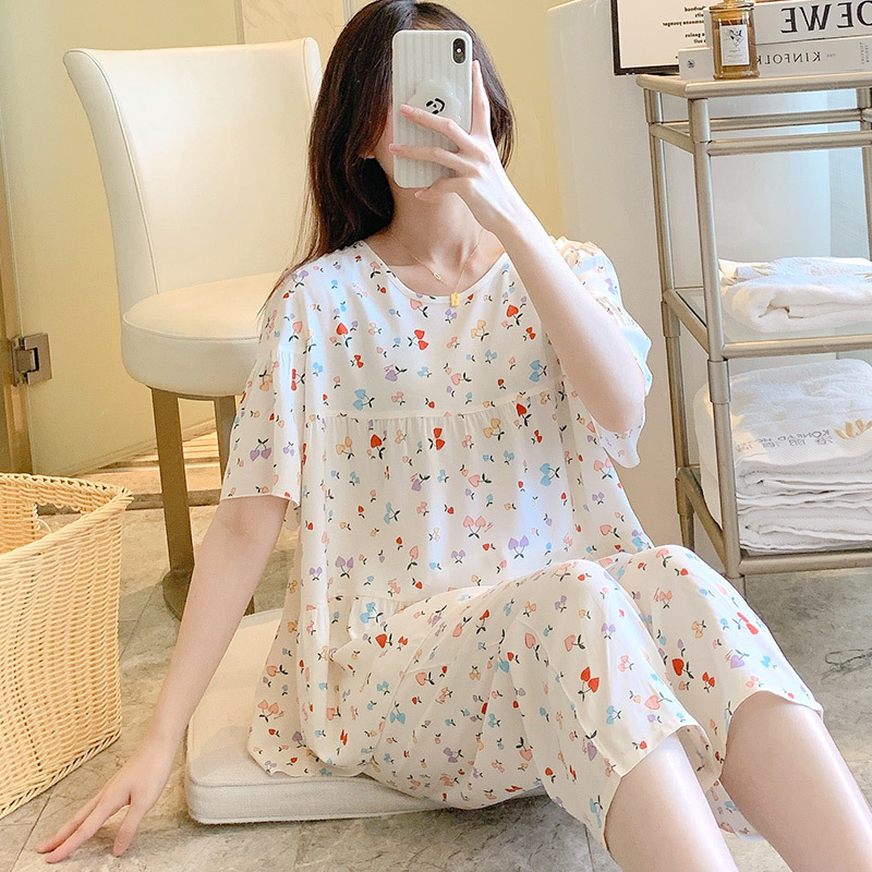 Pijamas de seda de algodón de manga corta de verano Estilo occidental de las mujeres aire acondicionado Delgado desgaste del hogar Chica japonesa dulce estudiante de algodón traje de seda