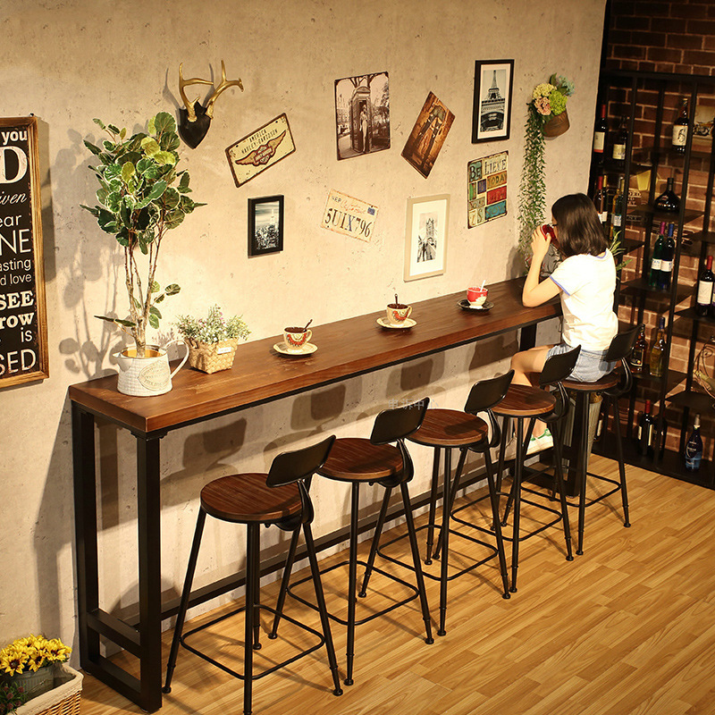 Solid Wood Bar Counter Table Home Use Balcony Wall-Hanging Narrow Table Long Counter Table Milk Tea Shop Bar High-Stool Table and Chair Set Commercial