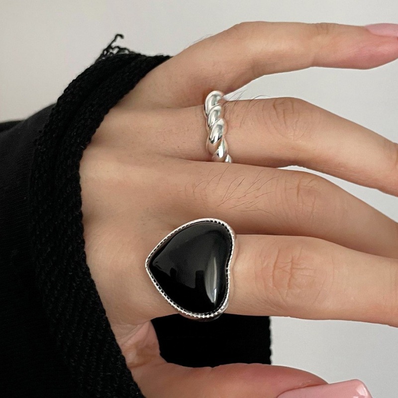 Dulce fresco negro ZIRCON encantador anillo femenino geométrico giro apilado s925 plata anillo abierto hip hop índice dedo anillo moda
