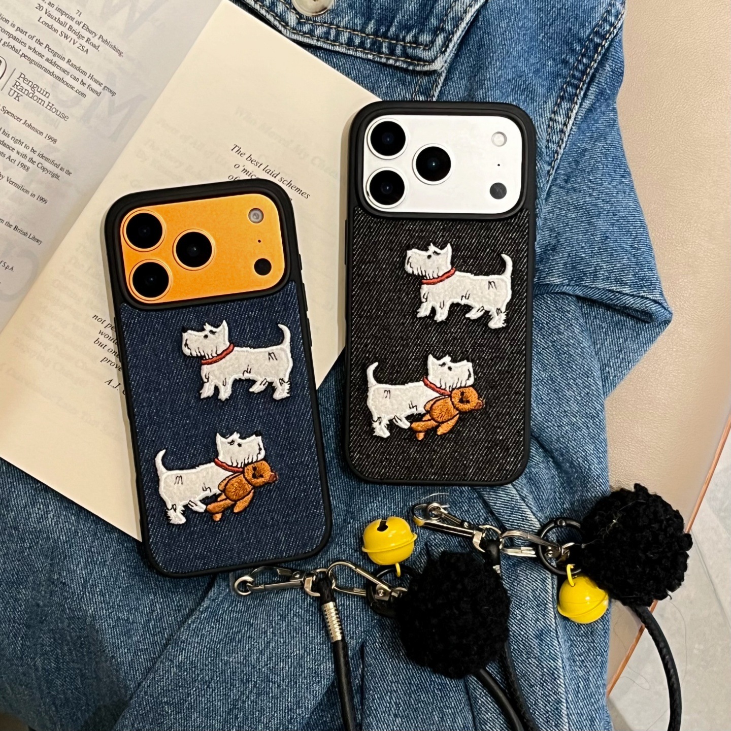 Stuffed Embroidered Denim Dog Suitable for Apple 17Promax Mobile Phone Case Iphone16/15/14 Hand Rope Hair Ball