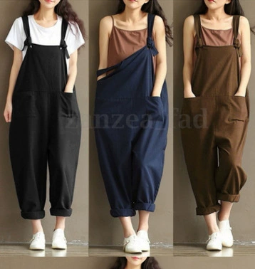 Женские повседневные брюки с литературными ретро-темно-синими хлопковыми подтяжками больших размеров для женщин 1701