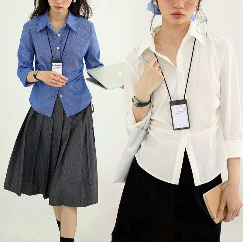 Trendy Preppy Retro Style Slim-Fit Waist-Cinching Shirt Top for Women Autumn Casual Versatile