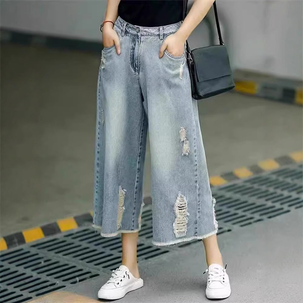 여름 여성용 AliExpress 크로스보더 레트로 찢어진 7부 스트레이트 청바지 하이웨이스트 루즈 슬리밍 향수 와이드 팬츠