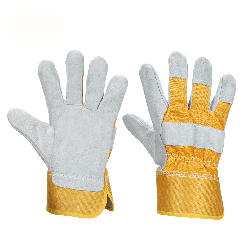厂家批发短款电焊手套隔热焊接防护手套翻毛皮黄布全掌牛皮手套
