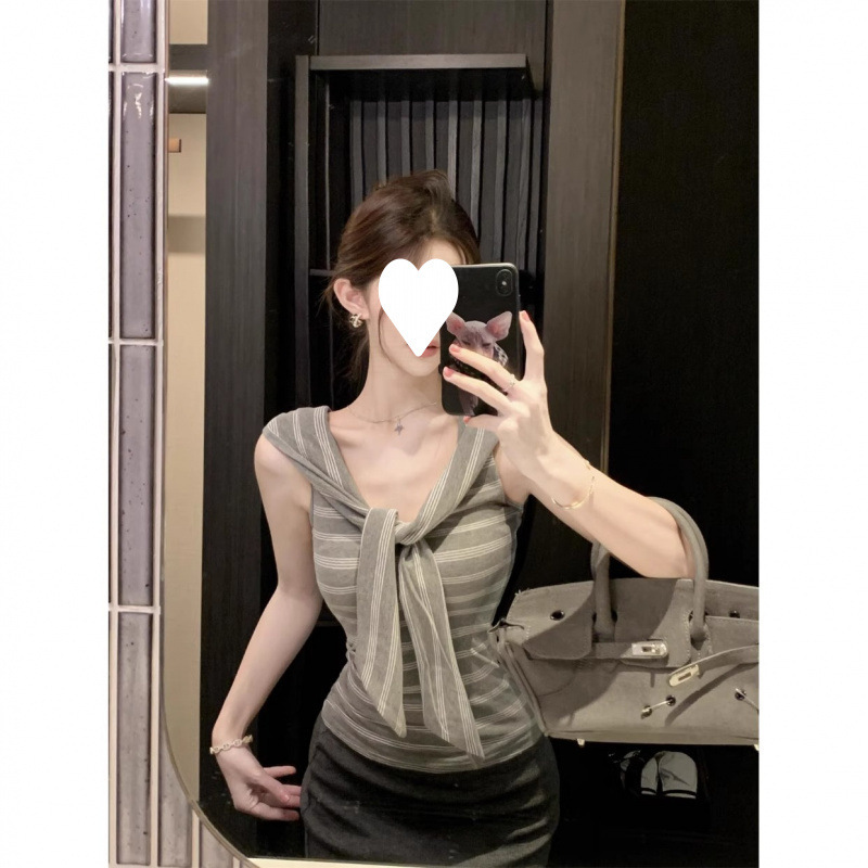 【Premium Cotton Ribbed Color-Striped One-Shoulder Sleeveless T-Shirt for Women with Waist-Cinching Design, Pure Desire, Niche Style】 【Premium Cotton Ribbed Color-Striped One-Shoulder Sleeveless T-Shirt for Women with Waist-Cinching Design, Pure Desire, Niche Style】