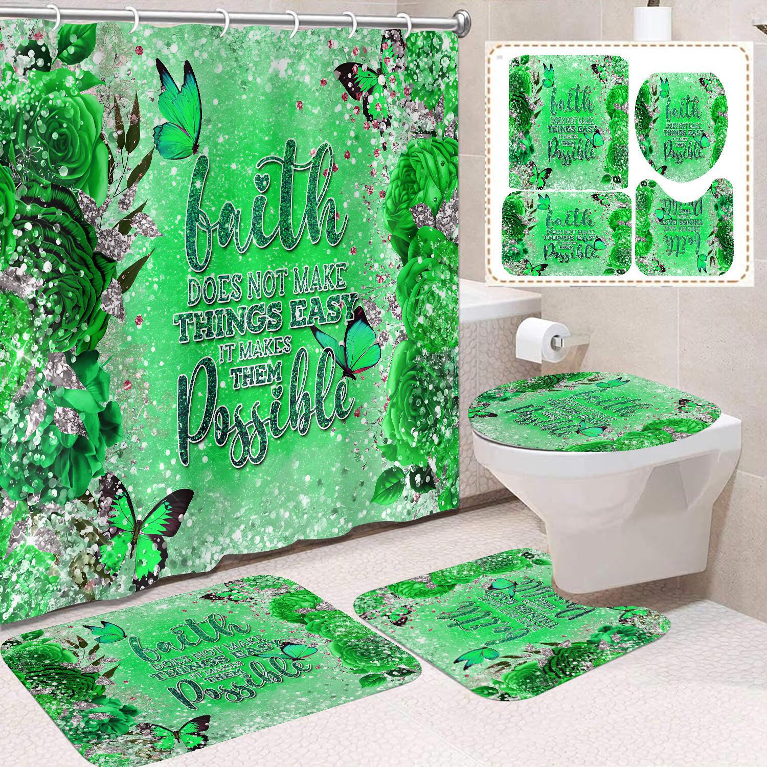 Transfronterizo Amazon cortina de ducha de color degradado cortina de baño letra patrón de mariposa cortina de ducha impermeable y a prueba de moho image 56