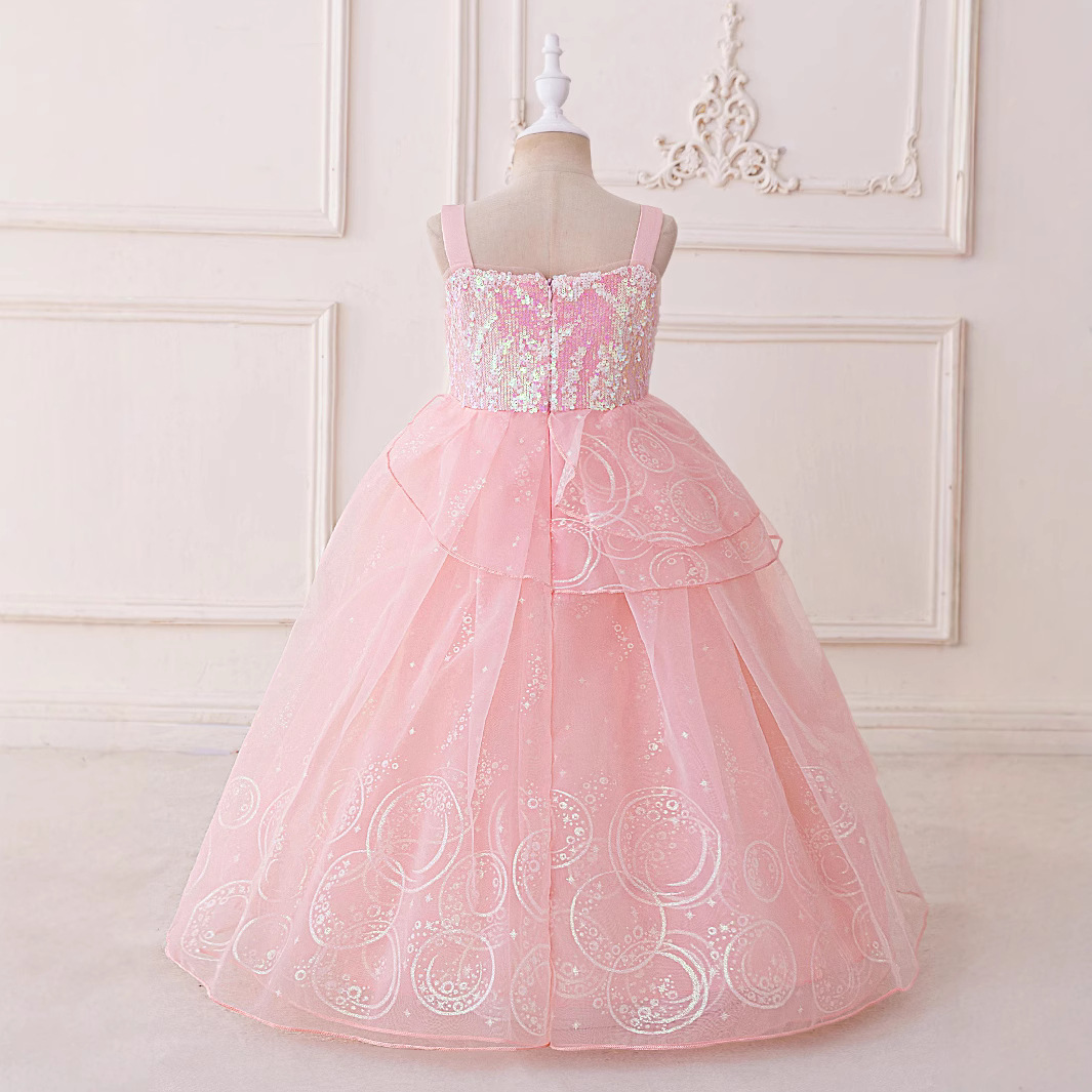 Comercio exterior nuevo estilo vestido para niños vestido de princesa de moda lentejuelas hilo de red tela forjada niña niña niña bebé vestido de noche de un año