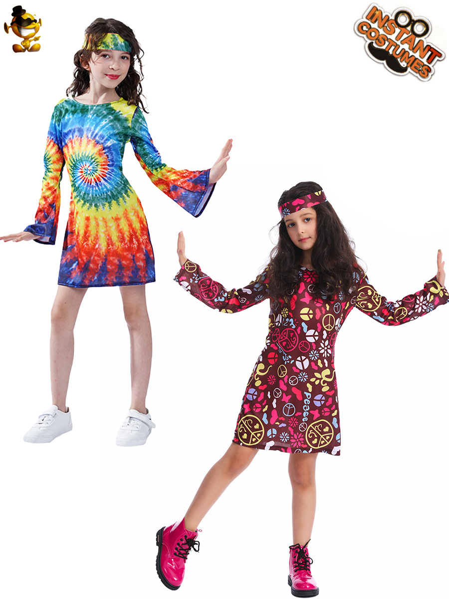 Ropa hippie para niñas y niños, falda hippie colorida retro estadounidense, distribución de ropa de actuación escénica al por mayor
