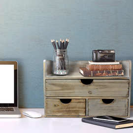 现货跨境桌面收纳盒美式实木化妆品抽屉药盒整理盒大号杂物收纳柜