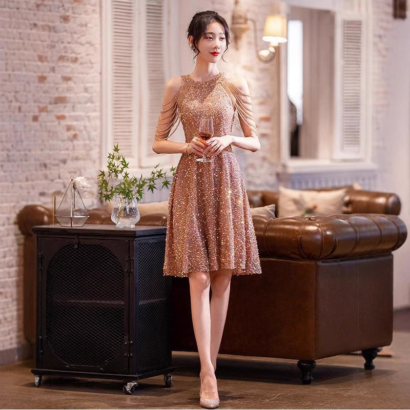 French-Style Petite Dress 2026 New Spring High-End Elegant Socialite Shiny Gold Sequin Party Dress French-Style Petite Dress 2026 New Spring High-End Elegant Socialite Shiny Gold Sequin Party Dress