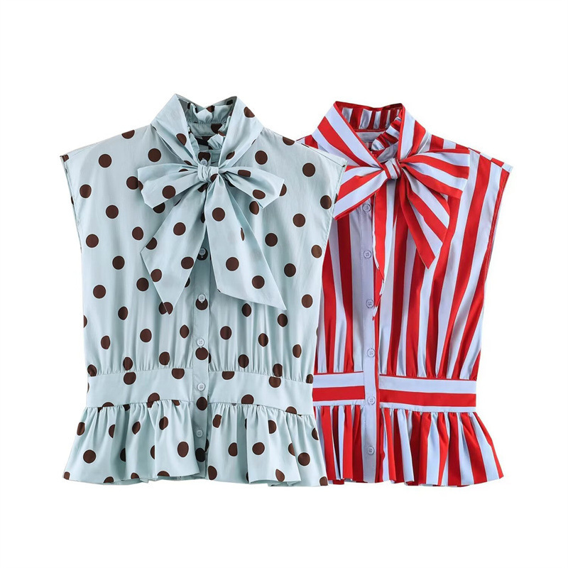 Wholesale foreign trade European and American style 2026 summer new women's fashion waist-cinching striped shirt with bow decoration 3091320 Wholesale foreign trade European and American style 2026 summer new women's fashion waist-cinching striped shirt with bow decoration 3091320