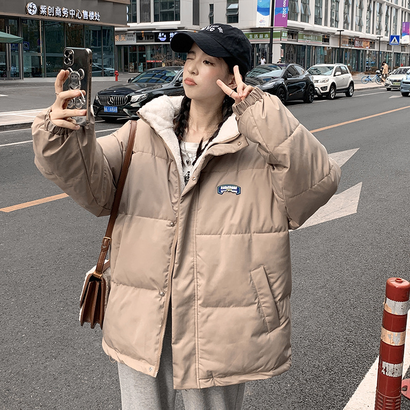新款女式宽松慵懒风双面穿棉衣冬季日系羊羔绒棉服保暖外套潮|undefined