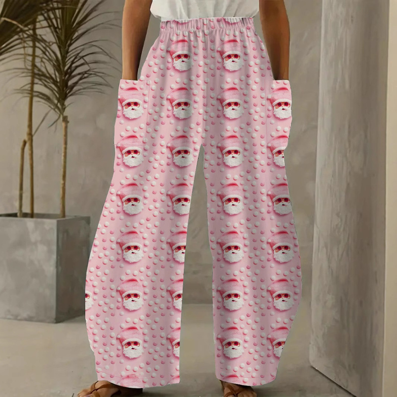 2024 Cross-border European and American Women's Pink Cartoon Print Santa Claus Casual Pants Outer Wear Home Pants Trousers Foreign Trade