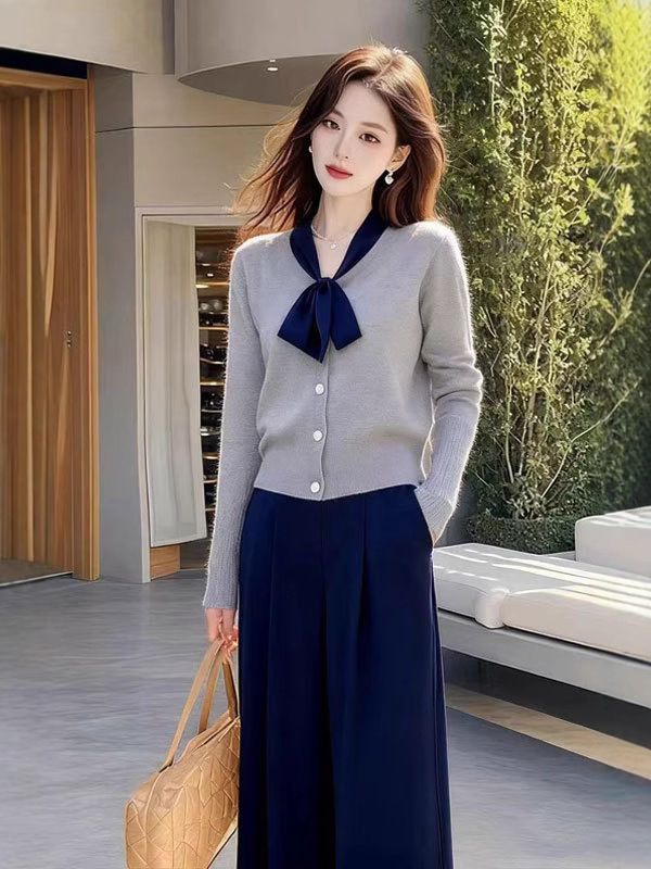 时尚复古绝美蓝色蝴蝶结长袖针织衫女秋冬新款阔腿裤子两件套装|undefined