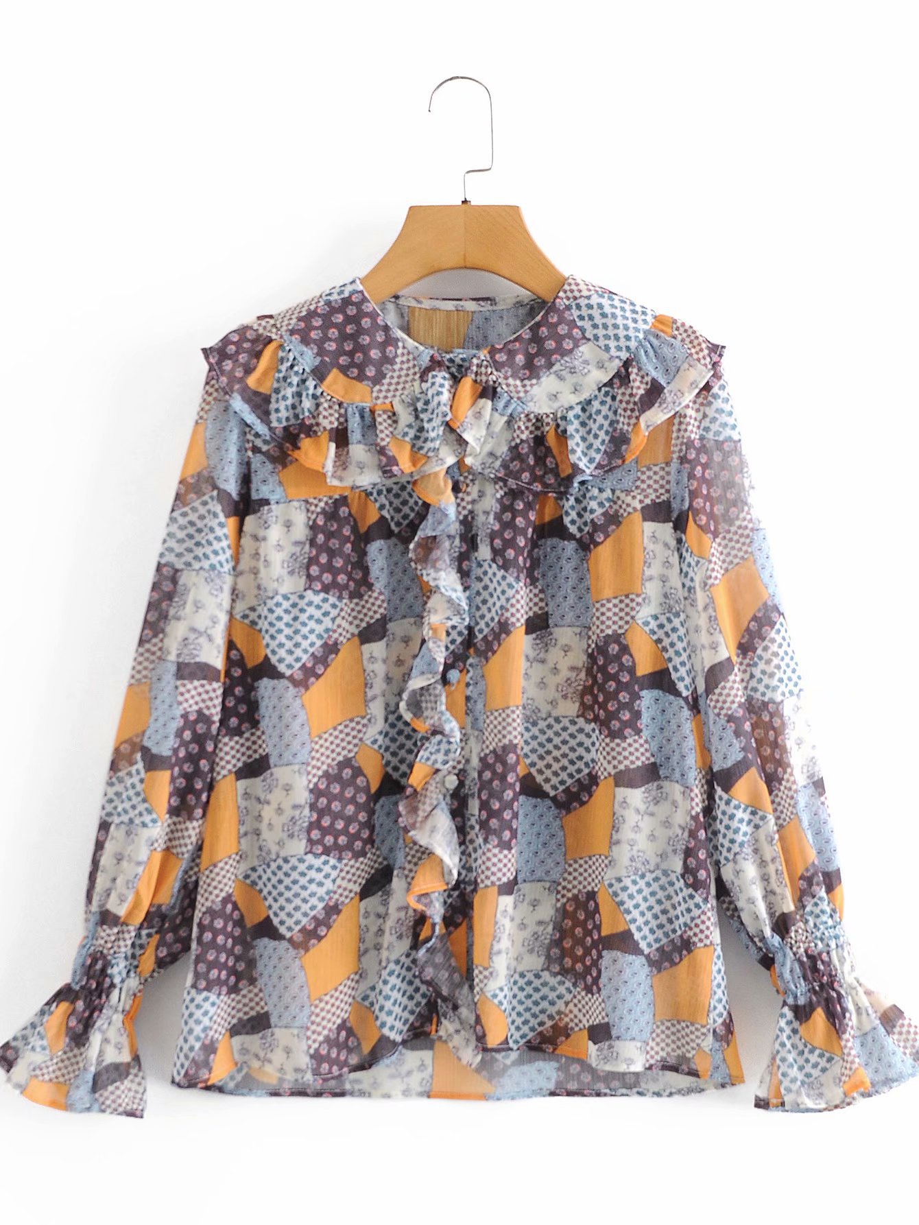 long-sleeved round neck ruffled shirt NSAM20698